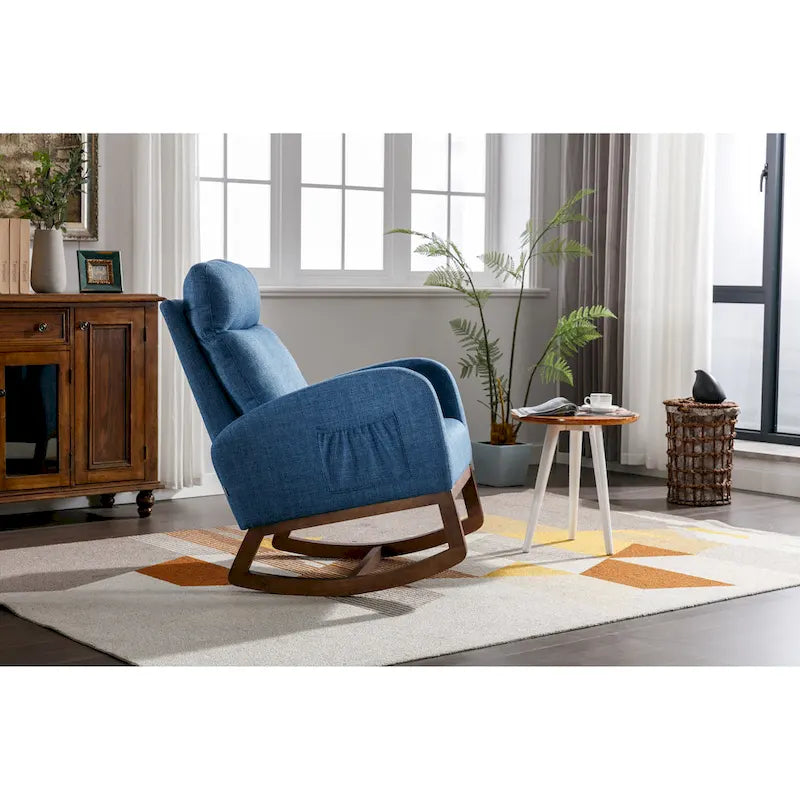 Chaise berçante rembourrée bleue 27 po avec pieds en bois et poche latérale pratique