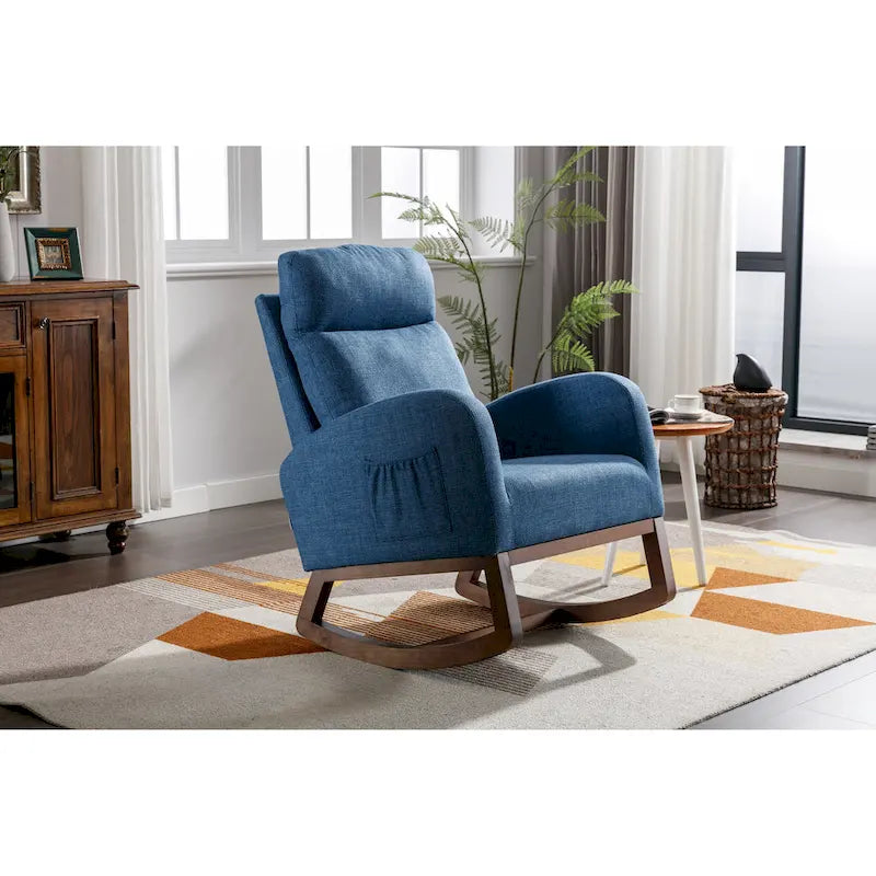 Chaise berçante rembourrée bleue 27 po avec pieds en bois et poche latérale pratique