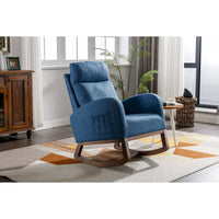 Chaise berçante rembourrée bleue 27 po avec pieds en bois et poche latérale pratique