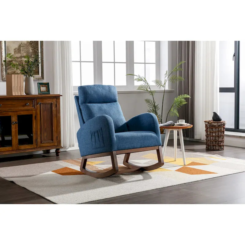 Chaise berçante rembourrée bleue 27 po avec pieds en bois et poche latérale pratique