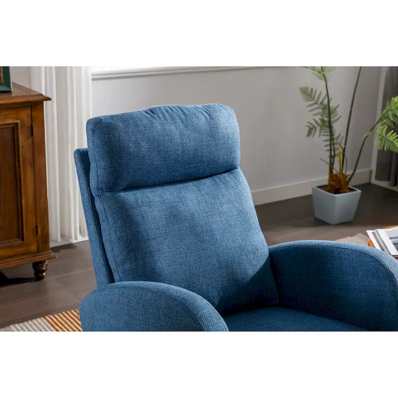 Chaise berçante rembourrée bleue 27 po avec pieds en bois et poche latérale pratique