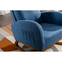 Chaise berçante rembourrée bleue 27 po avec pieds en bois et poche latérale pratique