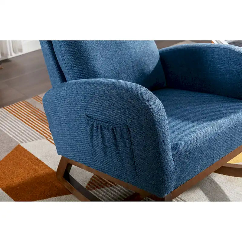Chaise berçante rembourrée bleue 27 po avec pieds en bois et poche latérale pratique