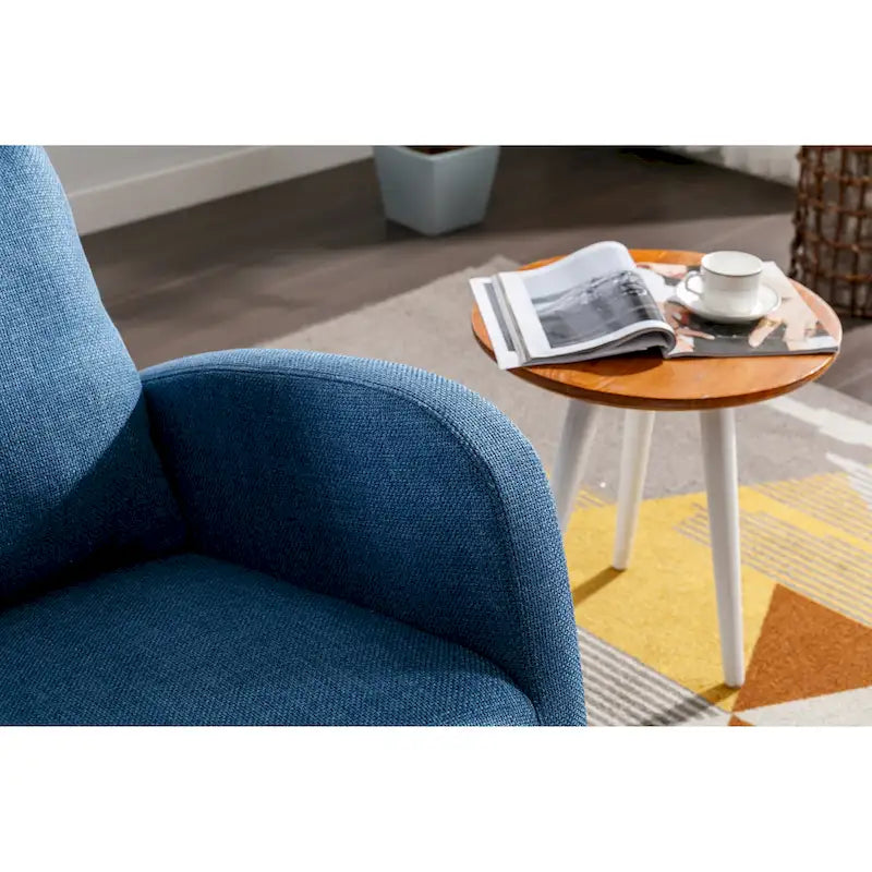 Chaise berçante rembourrée bleue 27 po avec pieds en bois et poche latérale pratique