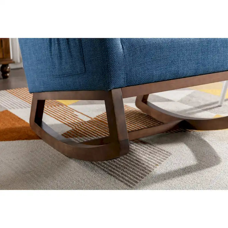 Chaise berçante rembourrée bleue 27 po avec pieds en bois et poche latérale pratique