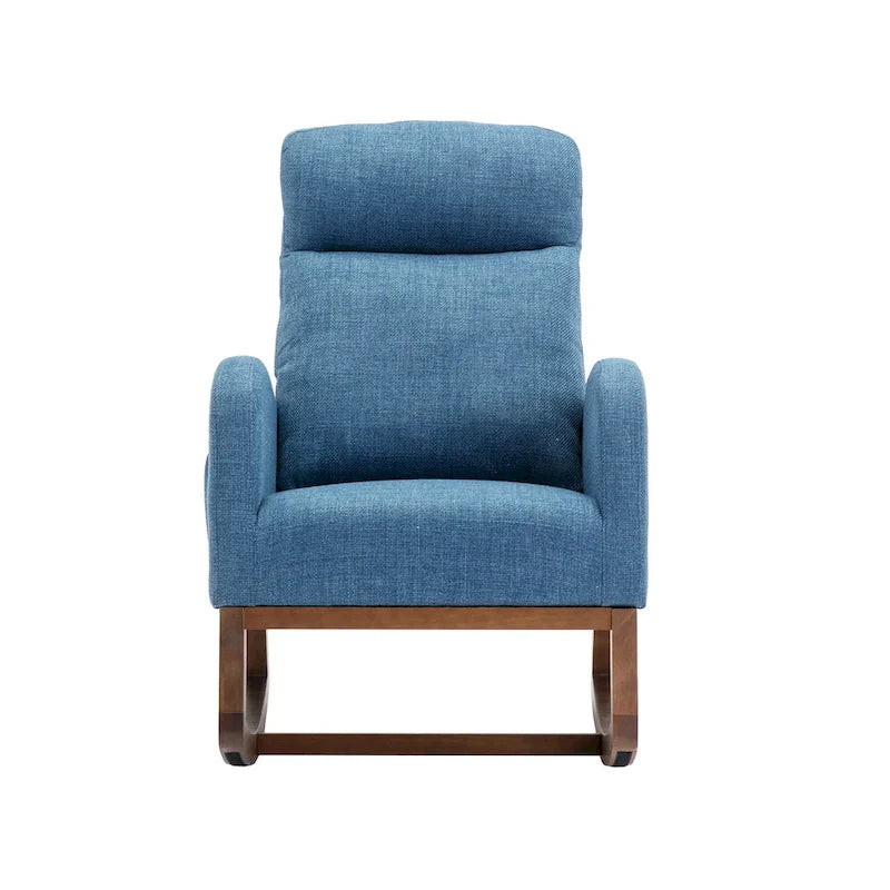Chaise berçante rembourrée bleue 27 po avec pieds en bois et poche latérale pratique