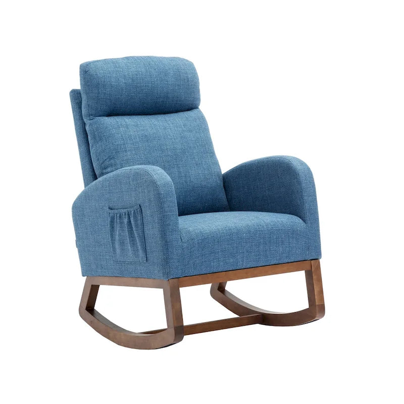 Chaise berçante rembourrée bleue 27 po avec pieds en bois et poche latérale pratique