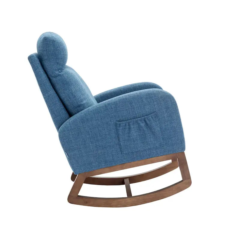 Chaise berçante rembourrée bleue 27 po avec pieds en bois et poche latérale pratique