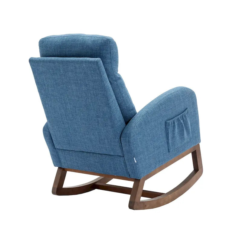 Chaise berçante rembourrée bleue 27 po avec pieds en bois et poche latérale pratique