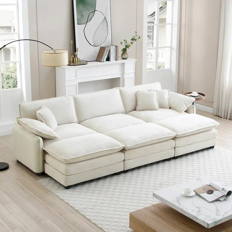 Canapé sectionnel modulable convertible 6 pièces en velours côtelé avec 3 ottomans amovibles et 5 coussins, combinaison libre