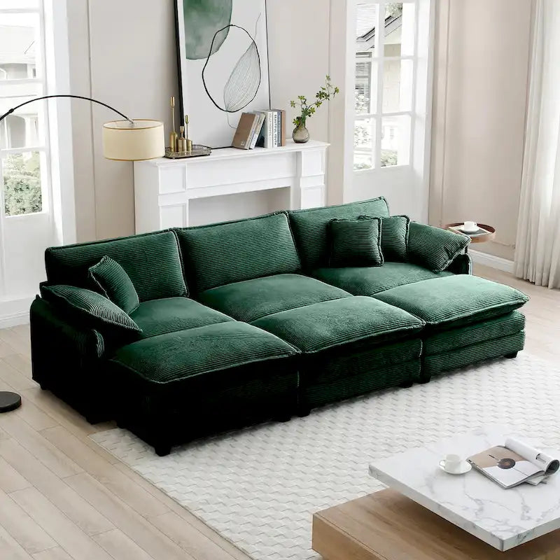 Canapé sectionnel modulable convertible 6 pièces en velours côtelé avec 3 ottomans amovibles et 5 coussins, combinaison libre