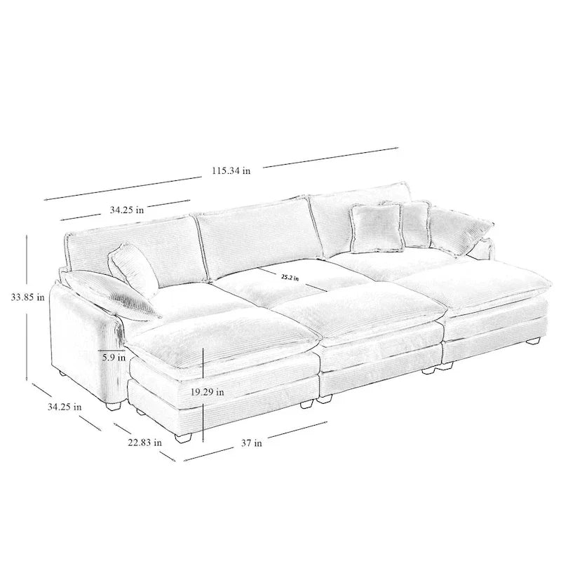 Canapé sectionnel modulable convertible 6 pièces en velours côtelé avec 3 ottomans amovibles et 5 coussins, combinaison libre