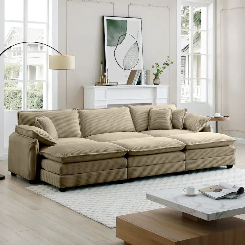 Canapé sectionnel modulable convertible 6 pièces en velours côtelé avec 3 ottomans amovibles et 5 coussins, combinaison libre