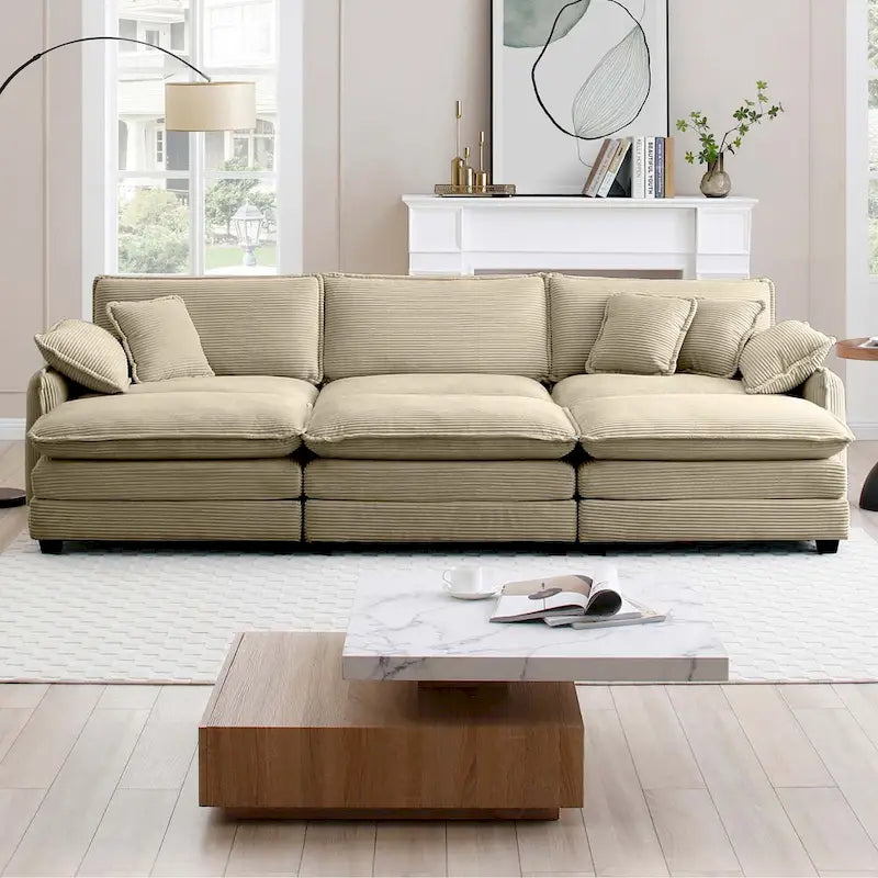 Canapé sectionnel modulable convertible 6 pièces en velours côtelé avec 3 ottomans amovibles et 5 coussins, combinaison libre