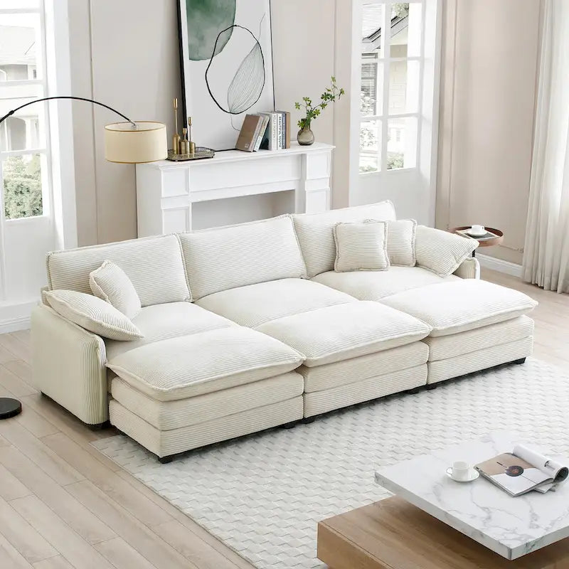 Canapé sectionnel modulable convertible 6 pièces en velours côtelé avec 3 ottomans amovibles et 5 coussins, combinaison libre