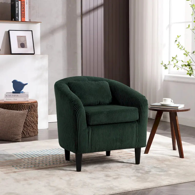 Fauteuil tonneau tapissé émeraude 24,8 pouces avec pieds en bois et coussins