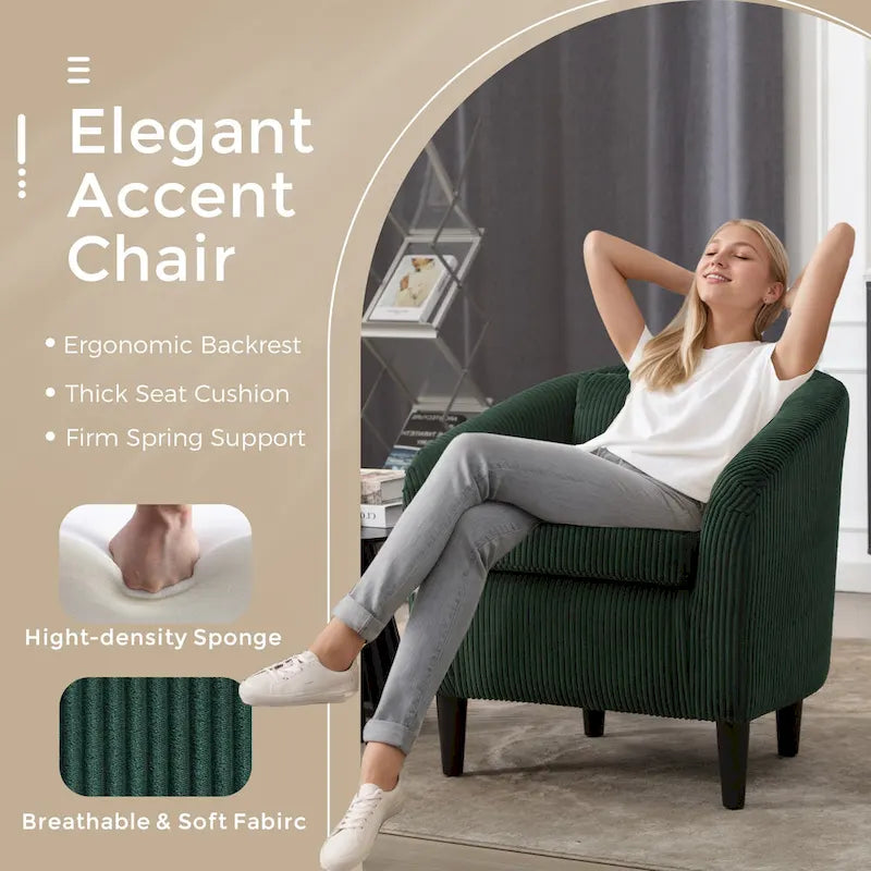 Fauteuil tonneau tapissé émeraude 24,8 pouces avec pieds en bois et coussins