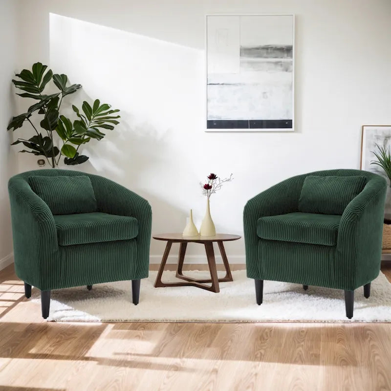 Fauteuil tonneau tapissé émeraude 24,8 pouces avec pieds en bois et coussins