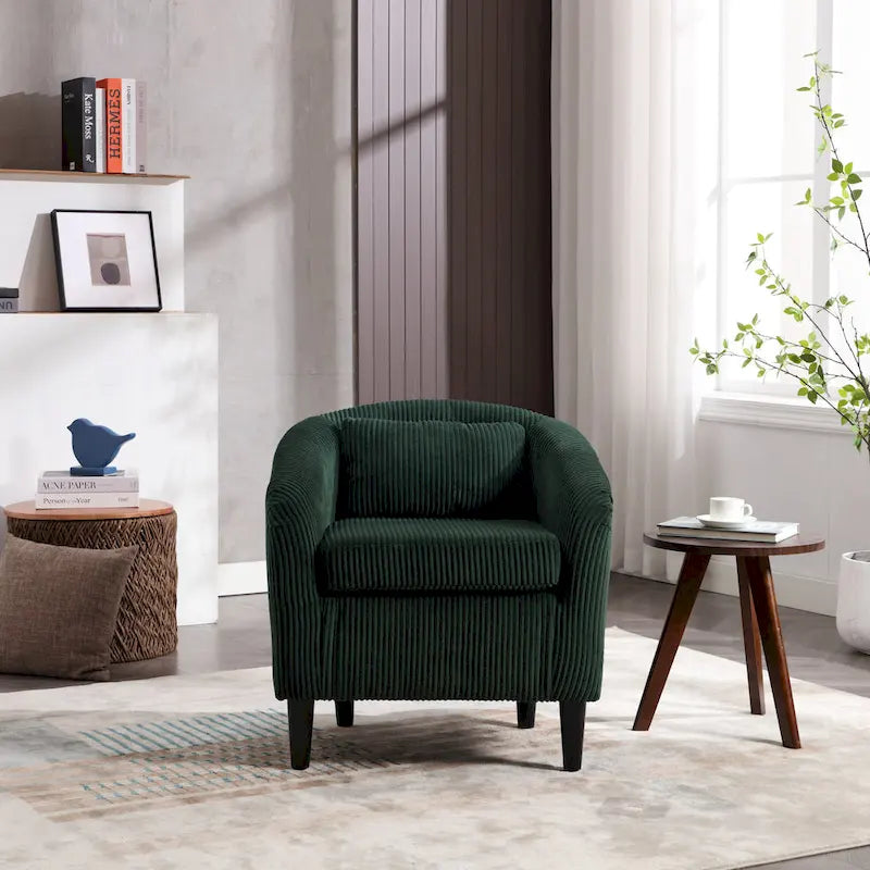 Fauteuil tonneau tapissé émeraude 24,8 pouces avec pieds en bois et coussins