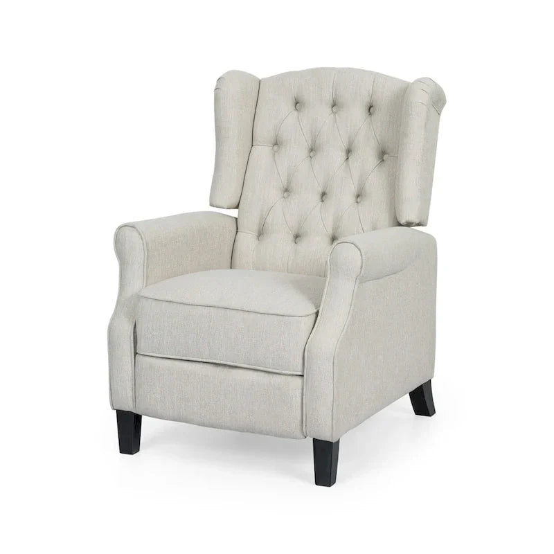 Fauteuil inclinable à dossier oreilles à pousser moderne avec repose-pieds, capitonné à boutons, pieds en bouleau