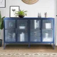 Vitrine en verre trempé à 4 portes avec étagère réglable et pieds, anti-basculement, sans poussière, buffet de cuisine en verre cannelé