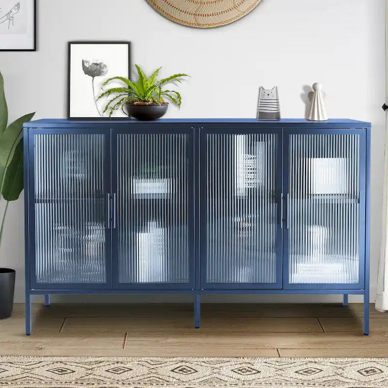 Vitrine en verre trempé à 4 portes avec étagère réglable et pieds, anti-basculement, sans poussière, buffet de cuisine en verre cannelé