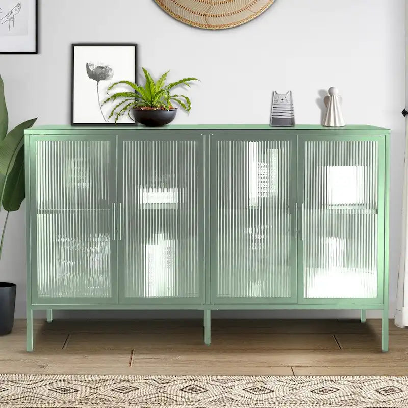Vitrine en verre trempé à 4 portes avec étagère réglable et pieds, anti-basculement, sans poussière, buffet de cuisine en verre cannelé