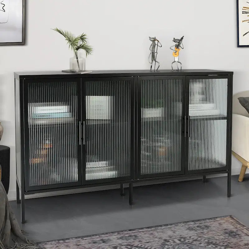 Vitrine en verre trempé à 4 portes avec étagère réglable et pieds, anti-basculement, sans poussière, buffet de cuisine en verre cannelé