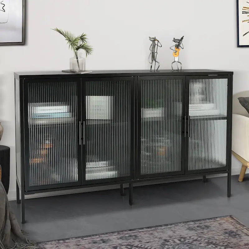 Vitrine en verre trempé à 4 portes avec étagère réglable et pieds, anti-basculement, sans poussière, buffet de cuisine en verre cannelé