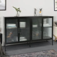 Vitrine en verre trempé à 4 portes avec étagère réglable et pieds, anti-basculement, sans poussière, buffet de cuisine en verre cannelé