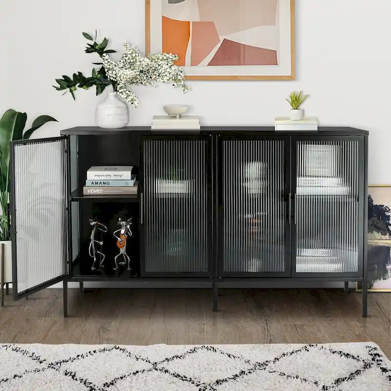 Vitrine en verre trempé à 4 portes avec étagère réglable et pieds, anti-basculement, sans poussière, buffet de cuisine en verre cannelé