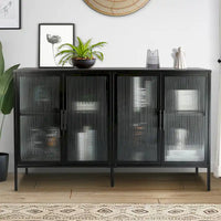 Vitrine en verre trempé à 4 portes avec étagère réglable et pieds, anti-basculement, sans poussière, buffet de cuisine en verre cannelé