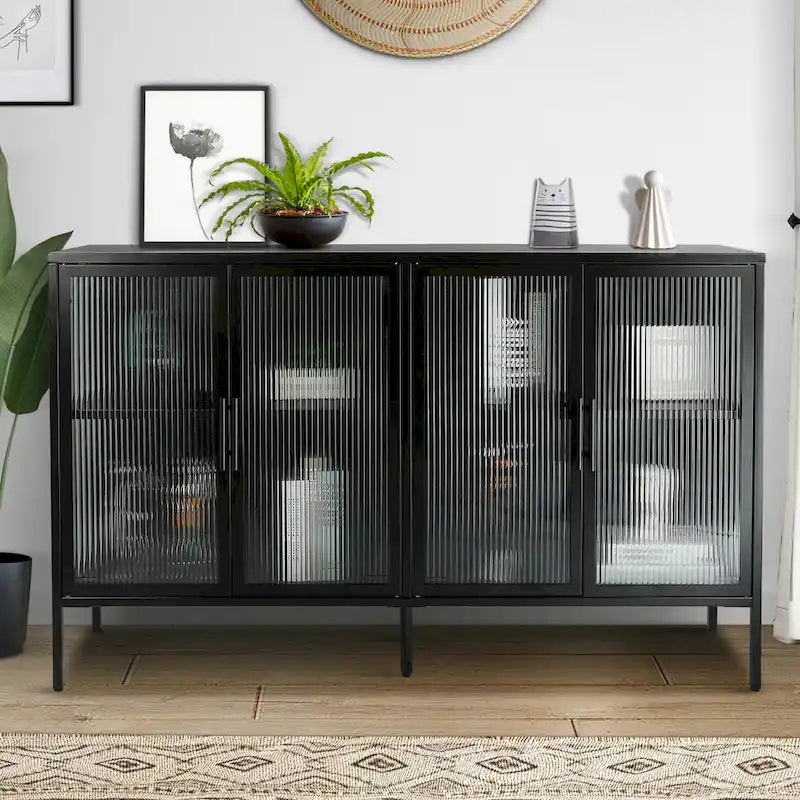 Vitrine en verre trempé à 4 portes avec étagère réglable et pieds, anti-basculement, sans poussière, buffet de cuisine en verre cannelé