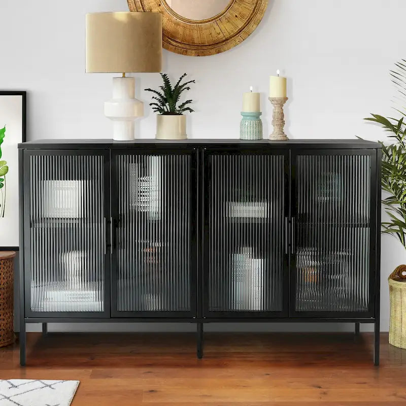 Vitrine en verre trempé à 4 portes avec étagère réglable et pieds, anti-basculement, sans poussière, buffet de cuisine en verre cannelé