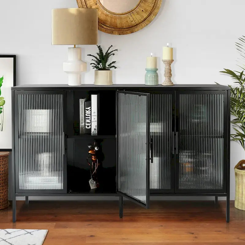 Vitrine en verre trempé à 4 portes avec étagère réglable et pieds, anti-basculement, sans poussière, buffet de cuisine en verre cannelé
