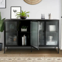 Vitrine en verre trempé à 4 portes avec étagère réglable et pieds, anti-basculement, sans poussière, buffet de cuisine en verre cannelé