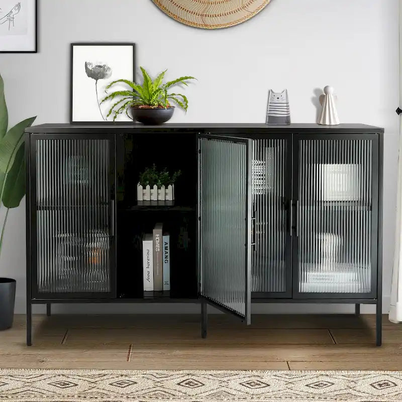 Vitrine en verre trempé à 4 portes avec étagère réglable et pieds, anti-basculement, sans poussière, buffet de cuisine en verre cannelé