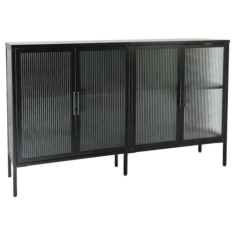 Vitrine en verre trempé à 4 portes avec étagère réglable et pieds, anti-basculement, sans poussière, buffet de cuisine en verre cannelé