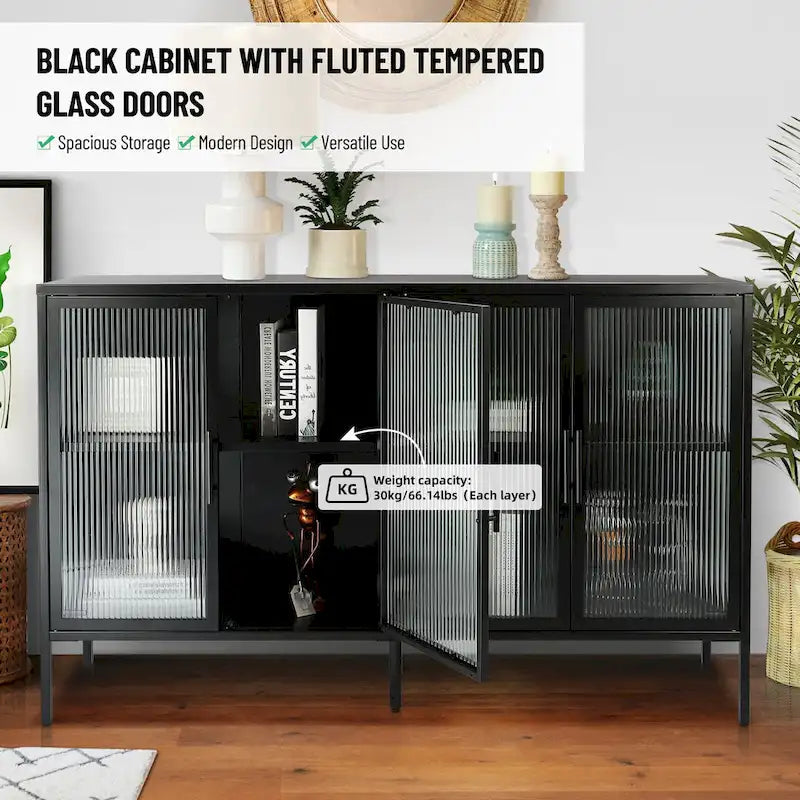 Vitrine en verre trempé à 4 portes avec étagère réglable et pieds, anti-basculement, sans poussière, buffet de cuisine en verre cannelé