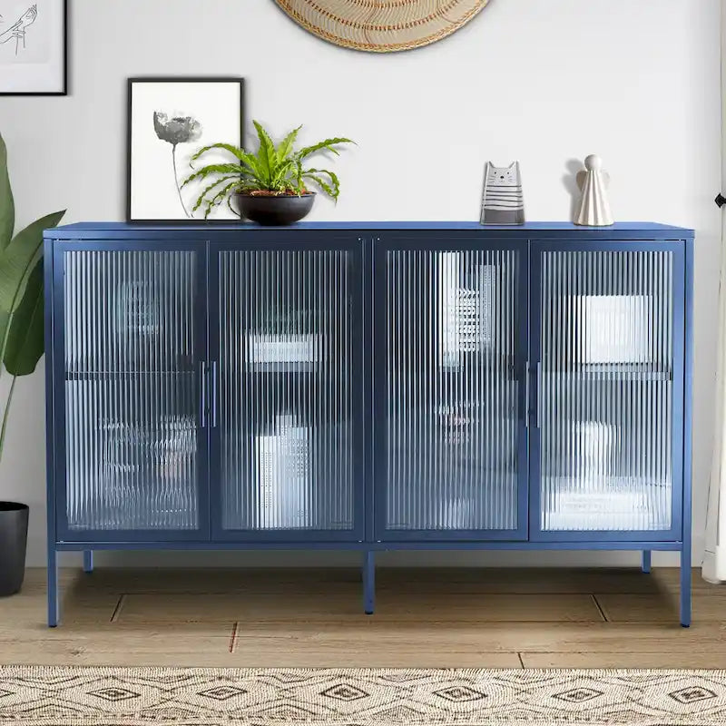 Vitrine en verre trempé à 4 portes avec étagère réglable et pieds, anti-basculement, sans poussière, buffet de cuisine en verre cannelé