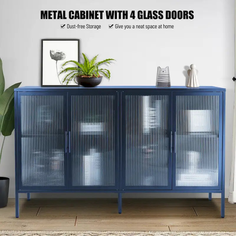 Vitrine en verre trempé à 4 portes avec étagère réglable et pieds, anti-basculement, sans poussière, buffet de cuisine en verre cannelé