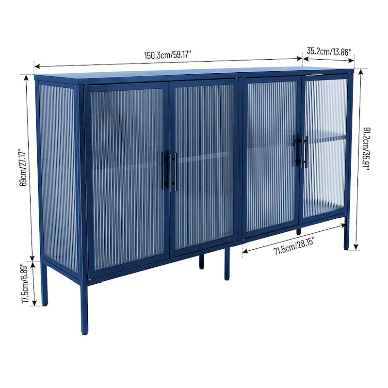 Vitrine en verre trempé à 4 portes avec étagère réglable et pieds, anti-basculement, sans poussière, buffet de cuisine en verre cannelé