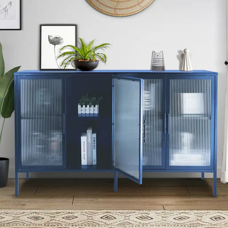 Vitrine en verre trempé à 4 portes avec étagère réglable et pieds, anti-basculement, sans poussière, buffet de cuisine en verre cannelé