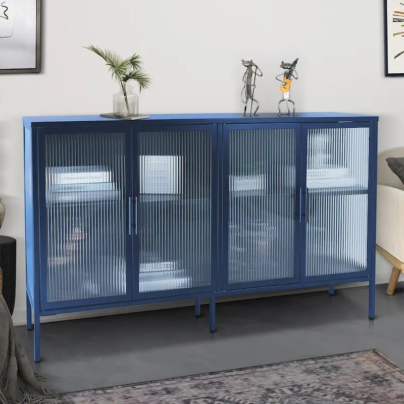 Vitrine en verre trempé à 4 portes avec étagère réglable et pieds, anti-basculement, sans poussière, buffet de cuisine en verre cannelé