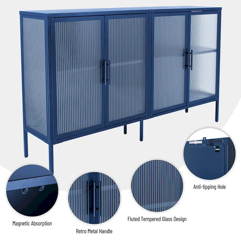 Vitrine en verre trempé à 4 portes avec étagère réglable et pieds, anti-basculement, sans poussière, buffet de cuisine en verre cannelé