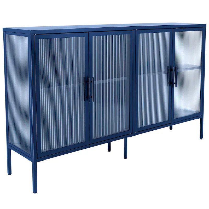 Vitrine en verre trempé à 4 portes avec étagère réglable et pieds, anti-basculement, sans poussière, buffet de cuisine en verre cannelé