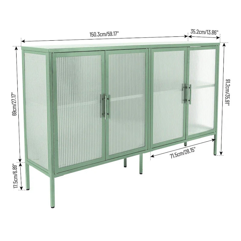 Vitrine en verre trempé à 4 portes avec étagère réglable et pieds, anti-basculement, sans poussière, buffet de cuisine en verre cannelé