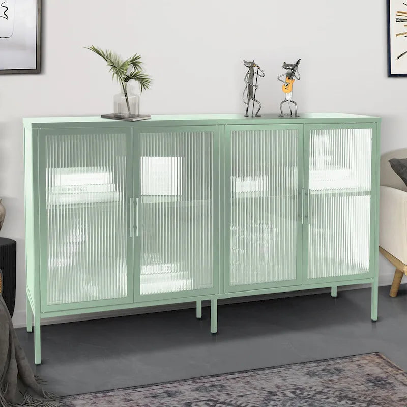 Vitrine en verre trempé à 4 portes avec étagère réglable et pieds, anti-basculement, sans poussière, buffet de cuisine en verre cannelé