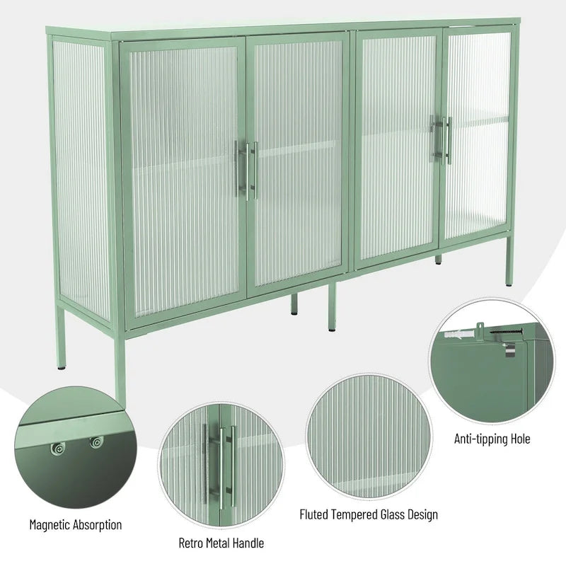 Vitrine en verre trempé à 4 portes avec étagère réglable et pieds, anti-basculement, sans poussière, buffet de cuisine en verre cannelé