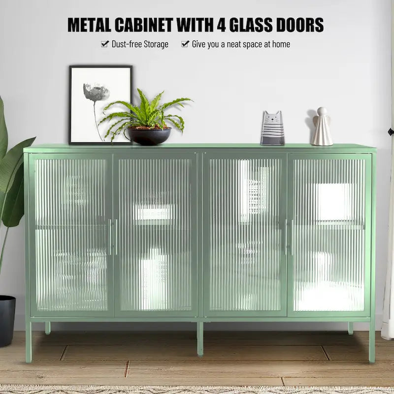 Vitrine en verre trempé à 4 portes avec étagère réglable et pieds, anti-basculement, sans poussière, buffet de cuisine en verre cannelé